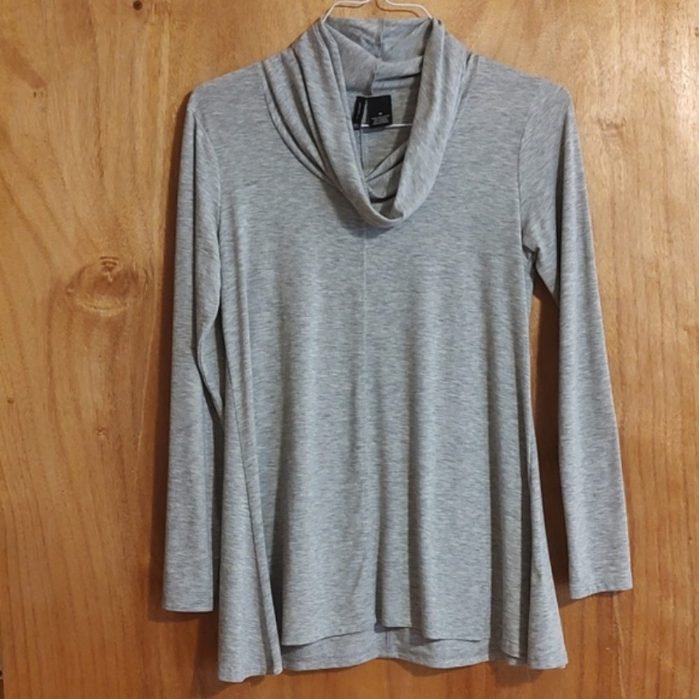 New Directions Cowl Neck Trapeze Top Gray Jersey Knit Long Sleeve Soft Comfy M